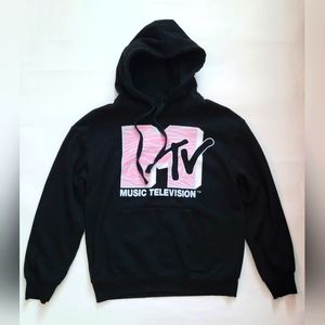 MTV Authentic Pink Zebra Logo Pull Over Hoodie - Black - Size Medium - EUC